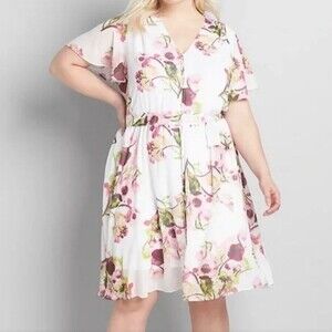 Lane Bryant White Floral Print Dress with Short Flutter Sleeves Size 26